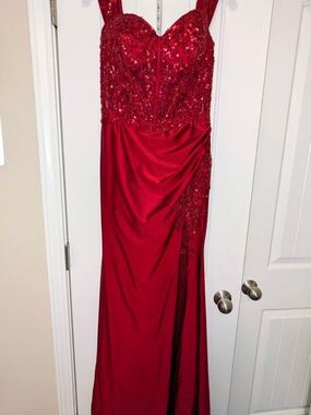 Jules and Cleo Off Shoulder Satin Sheath Dress Red Corset Slit Gown Size 6